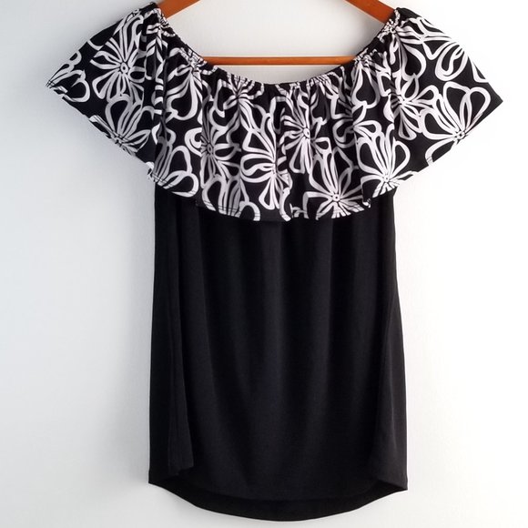 Cabi Jacquard Off Shoulder Embroidered Ruffle Crepe Jersey Knit Floral - Picture 4 of 4